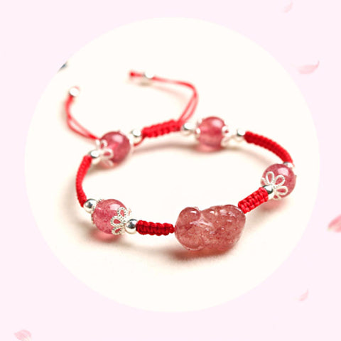 Natural Pink Crystal Pixiu/Cat Paw Bracelet with Red Hand-Woven String