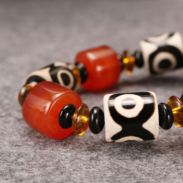Tibetan/Himalayan Black and White Three Eyed Dzi Agate Bead For Wealth Enhancement and Rosary Red Agate Buddha Bracelet