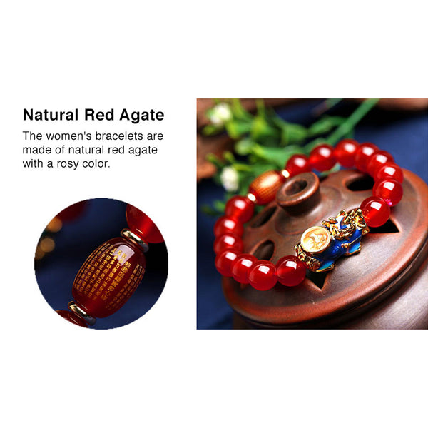 Feng Shui Wealth Natural Red Agate Thermochromic Pixiu Gold Plated Bracelet