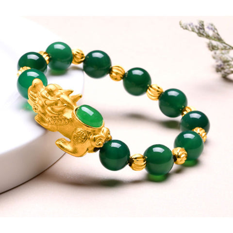 Feng Shui Wealth Sand Gold Natural Green Agate Inlaid Pixiu Bracelet