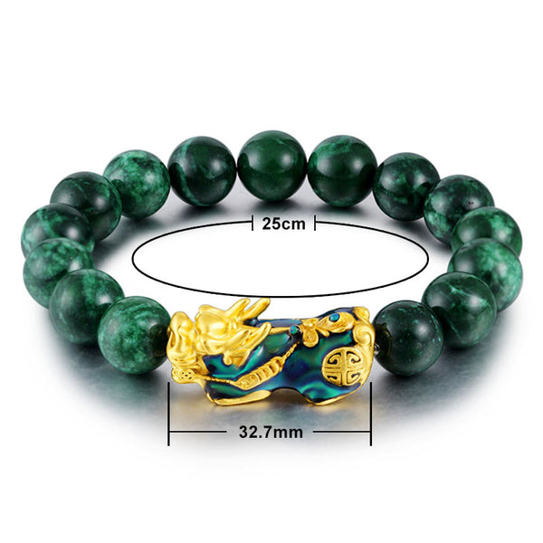 Feng Shui Gold Plated Thermochromic Pixiu with Natural Sapphire Jade Bracelet