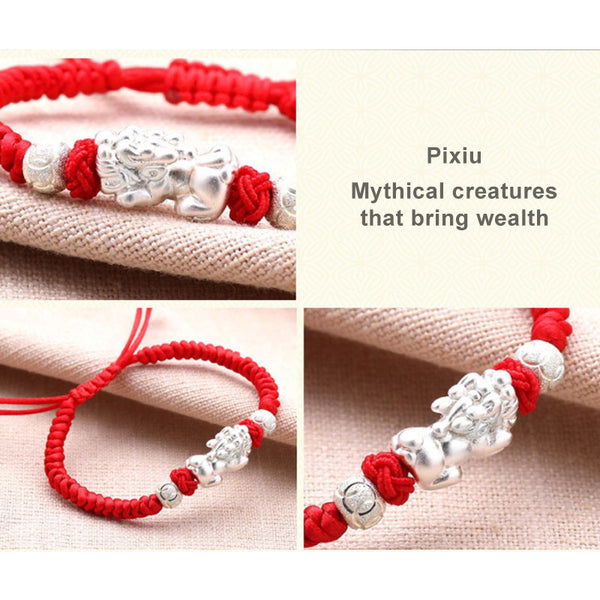Feng Shui Good Fortune Hand-Wove Lucky Red String Pixiu Bracelet (Silver/Thermochromic)