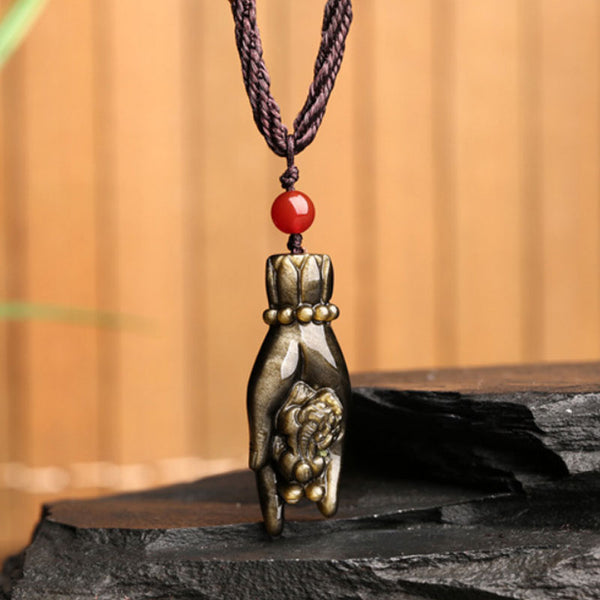 Feng Shui Natural Golden Obsidian Fortune Pixiu in Buddha Hand Pendant