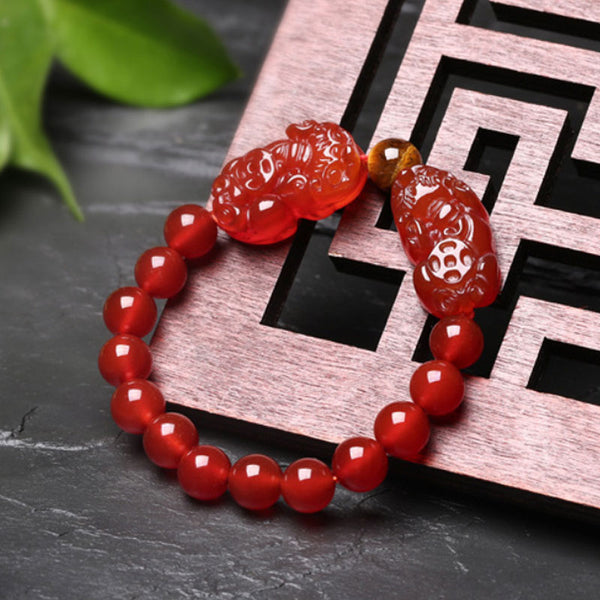 Feng Shui Natural Red Agate Coin and Double Pixiu Bracelet