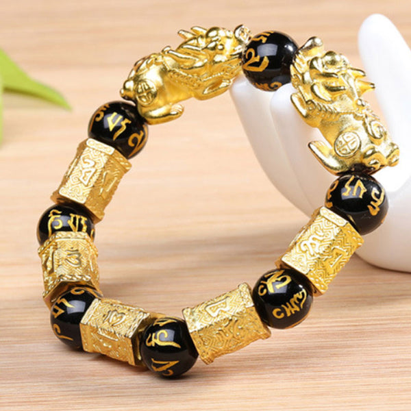 Feng Shui Gold Six-Character Mantra Natural Black Agate Double Pixiu Bracelet