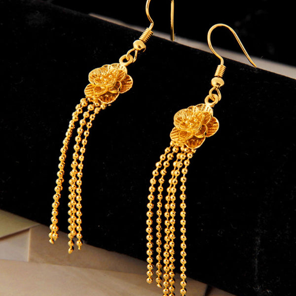 24K Gold Plated Peony Flower Long Fringe Earrings For Enchane Love and Relationship, Love Protection