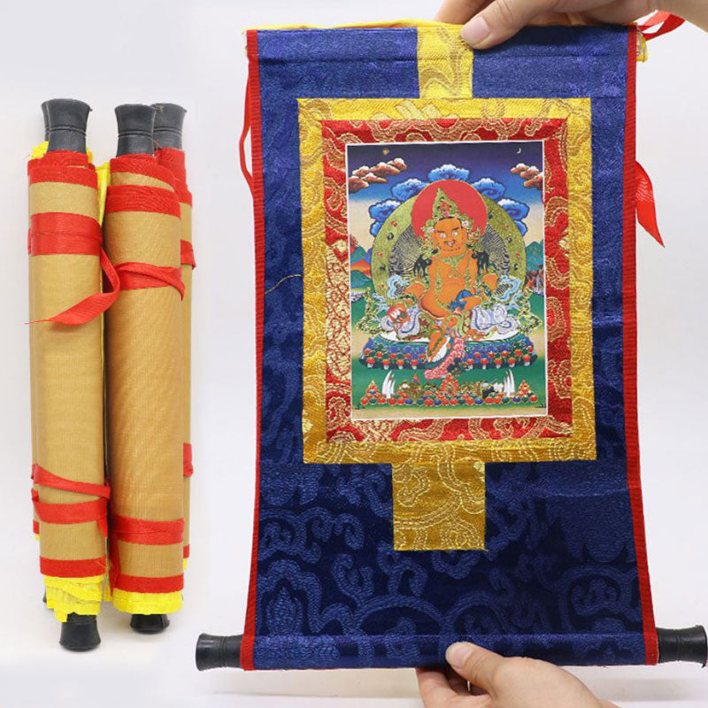 Blessed Bronzing Brocaded Wood Scroll, Printed Tibeant Thangka-Yellow Jambhala/God of Wealth/Size:65cmx48cm