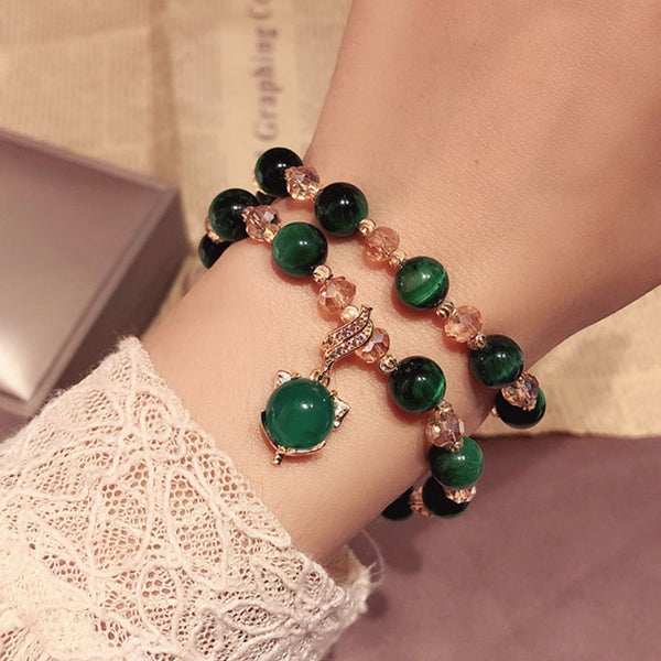 Feng Shui Natural Tiger Eye Stone, Lucky Flower/Wealth Pixiu/Love and Relationship Fox Bracelet (Green)
