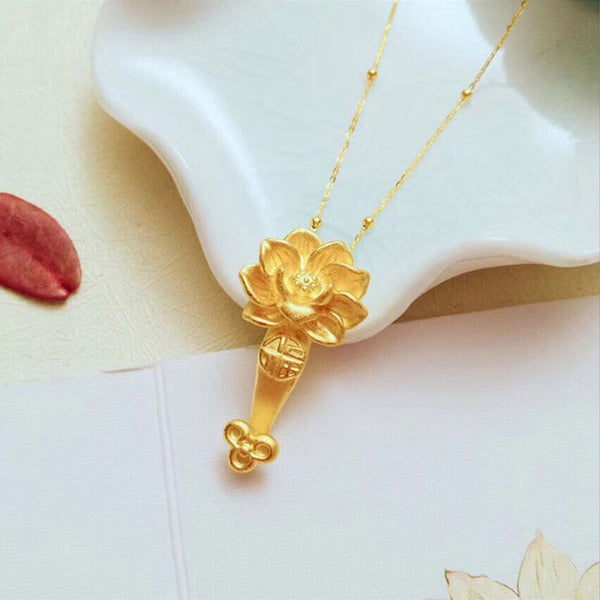 Feng Shui Exquisite Workmanship 999 Real Golden Lotus Ruyi Lucky Fortune Gold Necklace, Amulet