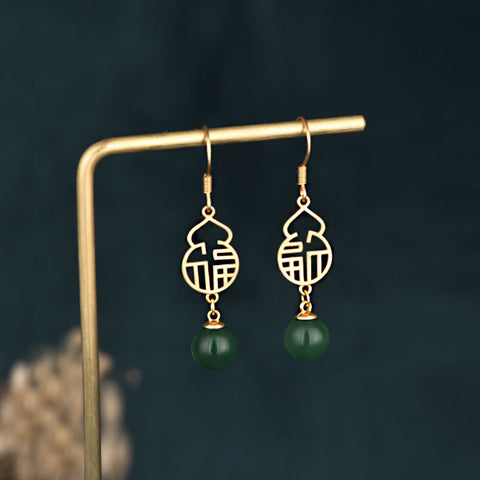 Feng Shui Aupicious Gold Natural Chalcedony Green Calabash Earrings