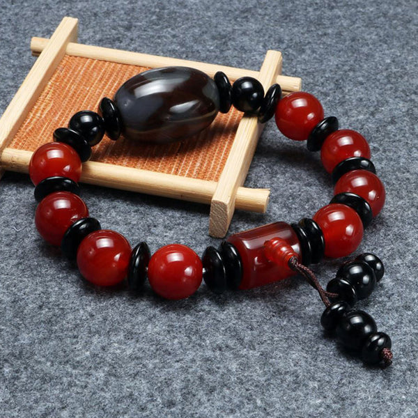 Tibetan/Himalayan Three Eyed Dzi Bead and Round Red Agate Buddha Bracelet, Prayer