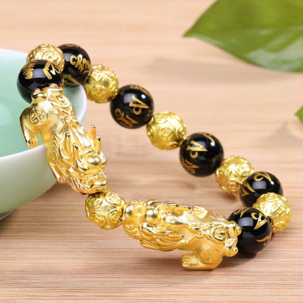 Feng Shui Nature Red and Black Agate Doulbe Gold Plated Pixiu Aupicious Bracelet