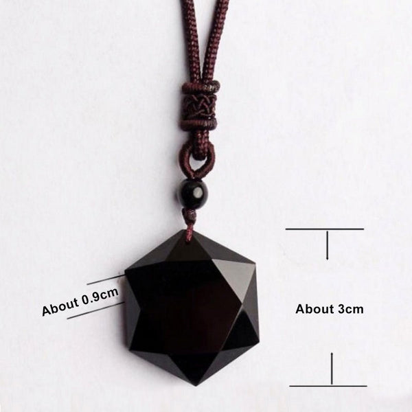 Feng Shui Hand Made Natural Black Obsidian Hexapointed Star Energy Protection Pendant Necklace