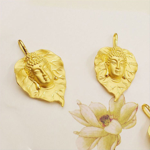 Feng Shui 999 Real Gold Buddha Head on the Leaf, Prayer Pendant, Real Gold 4.4-4.6g