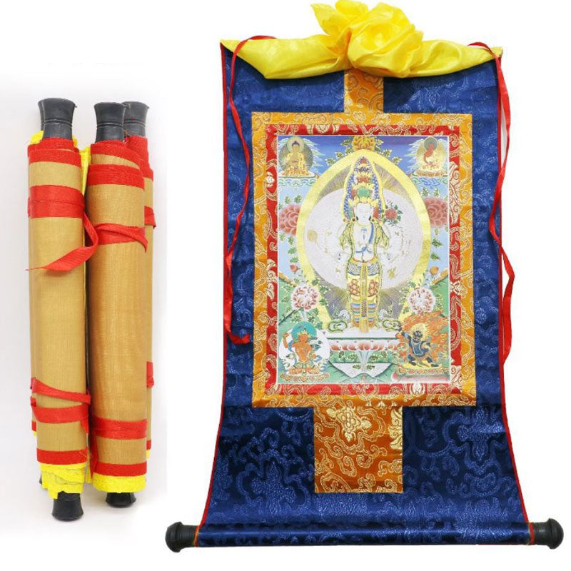 Blessed Bronzing Brocaded Wood Scroll, Printed Tibeant Thangka-1000 Armed Avalokitesvara/Kuan Yin-Size65cmx48cm