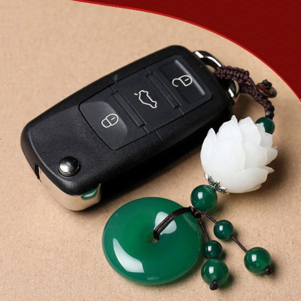 Nature Gemstone Green Jade, White Lotus Keychain-Blessed with Safety, Joyful and Peaceful