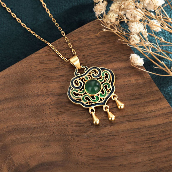 Longevity Lock Necklace inlaid with Chrysoprase Enamel and Gold Filigree