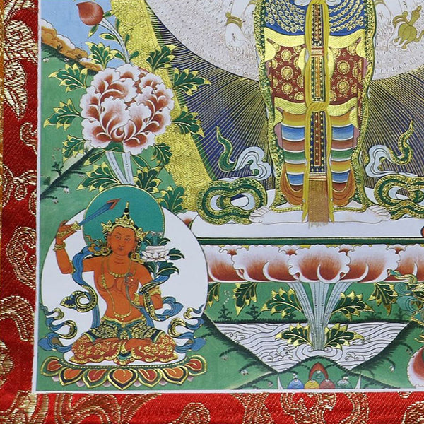 Blessed Bronzing Brocaded Wood Scroll, Printed Tibeant Thangka-1000 Armed Avalokitesvara/Kuan Yin-Size32cmx21cm