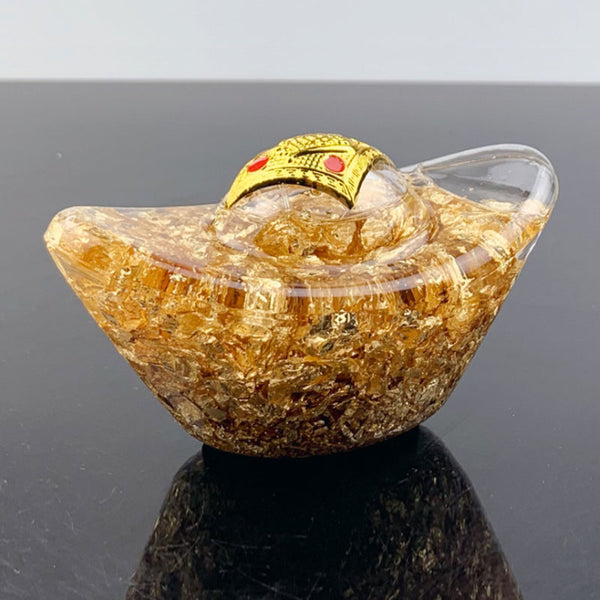 Feng Shui Gold Yuanbao Style Handicraft Floating 24K Gold Leaf Crystal Lucky Bag Art for Home Decor