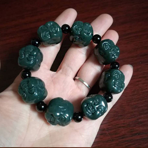 Authentic and Natural Hetian Jade Laughing Buddha Amulet Bracelet for Male