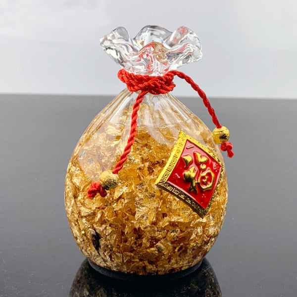 Handicraft Crystal Wealth Money Bag with Floating 24K Gold Leaf Inside for Home Decor