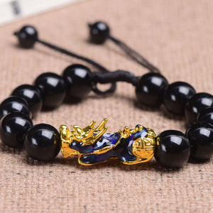Feng Shui Gold/Silver Thermochromic Pixiu Six Character Mantra Black Agate Adjustable Bracelet