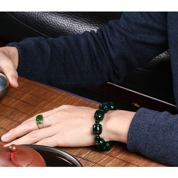 Natural Xinjiang Hetian Green Jade Barrel Beads (Bamboo Style) Bracelet For Men and Women