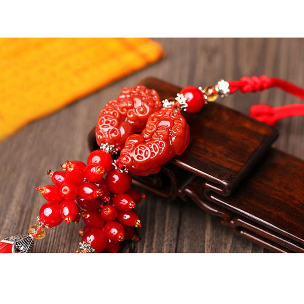 Natural Red Agate Double Pixiu Protection Car Pendant, Money Magnet, The Best Car Decor