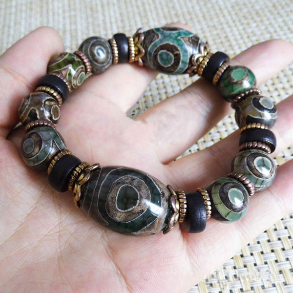 Super Energy Natural Tibetan/Himalayan Green Three Eyed Dzi Beads Amulet/ Money Magnet Bracelet