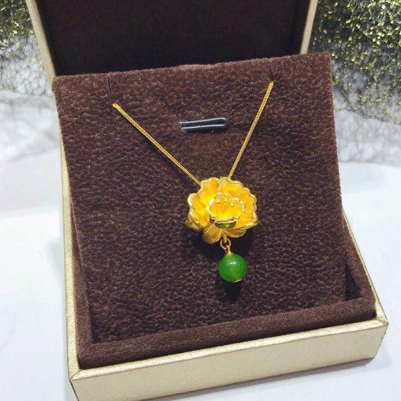 Exquisite Workmanship 999 24K Gold Peony Flower with Premium Hetian Jade Bead Pendant with 18K Gold Chain