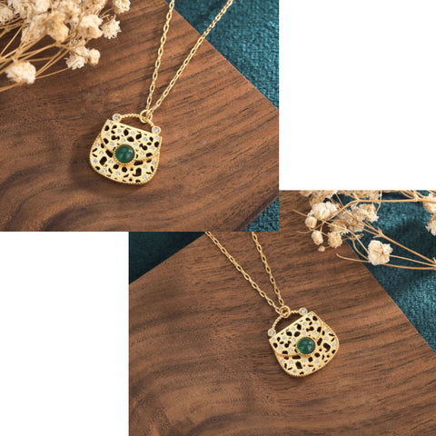 Gold Wealth Bag Pendant Inlaid Natural Green Chalcedony Clavicle Necklace
