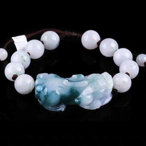 Jade Pixiu Bracelet with Floating Flower Round Beads For Men and Women