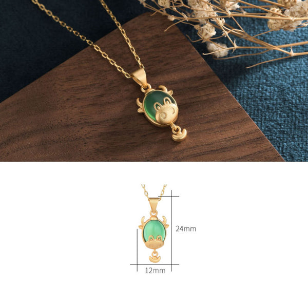 2021 Zodiac Ox Sand Gold Inlaid Jade Natal Year Amulet Necklace