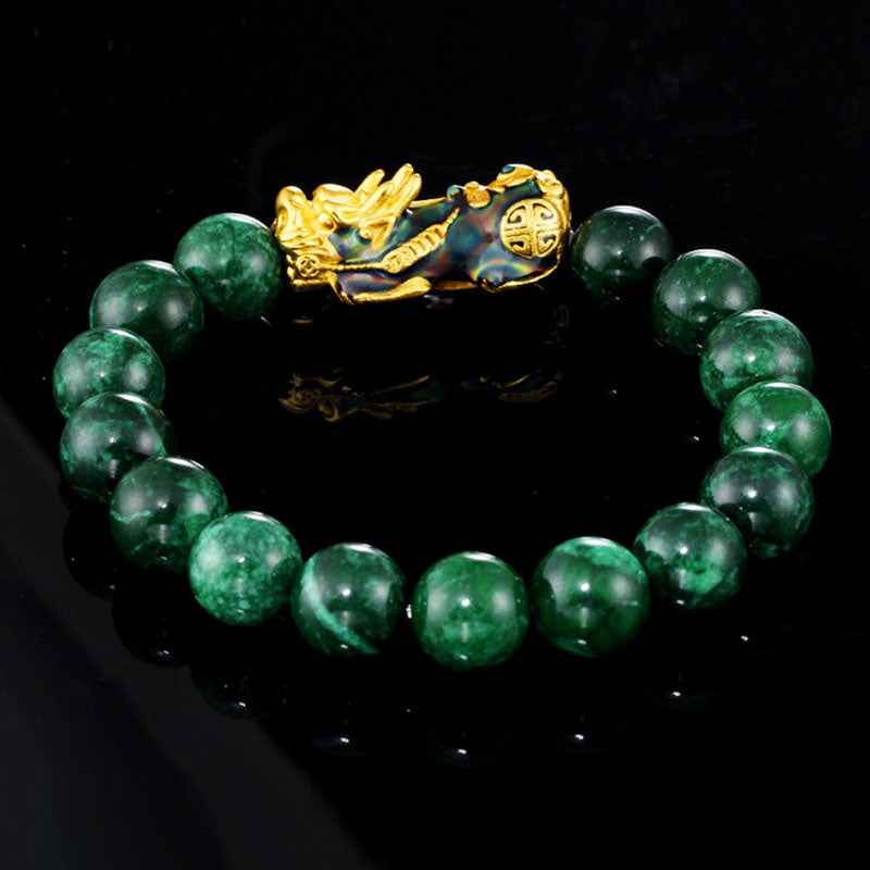 Feng Shui Gold Plated Thermochromic Pixiu with Natural Sapphire Jade Bracelet