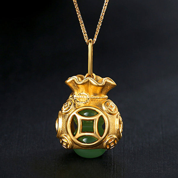 Feng Shui Aupiciou Gold Lucky Money Bag Inlaid with Jade Pendant Clavicle Necklace/ Super Lucky Money Magnet