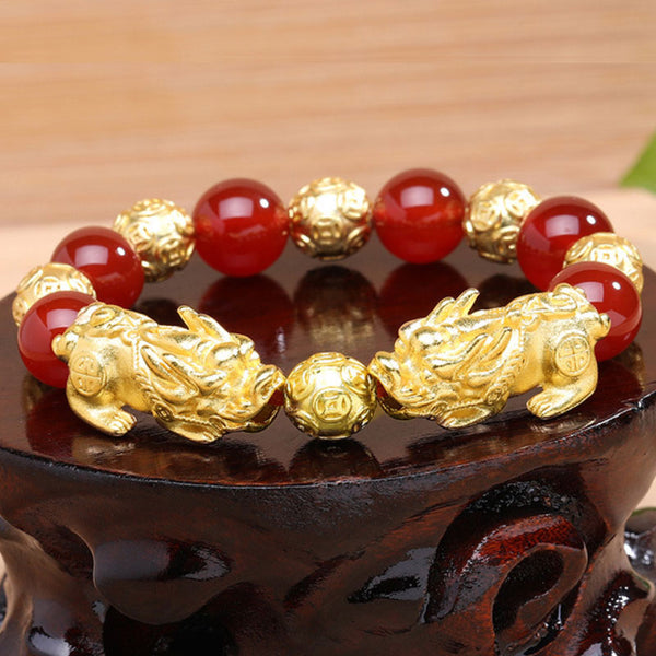 Feng Shui Nature Red and Black Agate Doulbe Gold Plated Pixiu Aupicious Bracelet