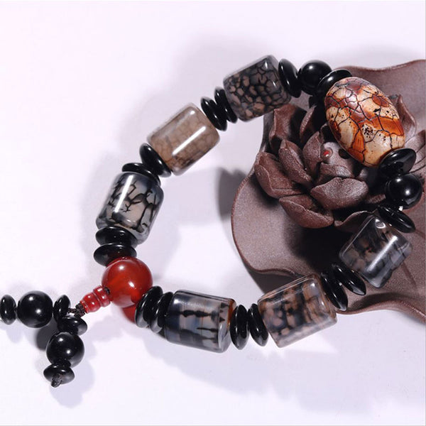 Tibetan/Himalayan Three Eyed Agate Dzi Beads Rosary Men's Bracelet, Prayer, Amulet, Money Magnet