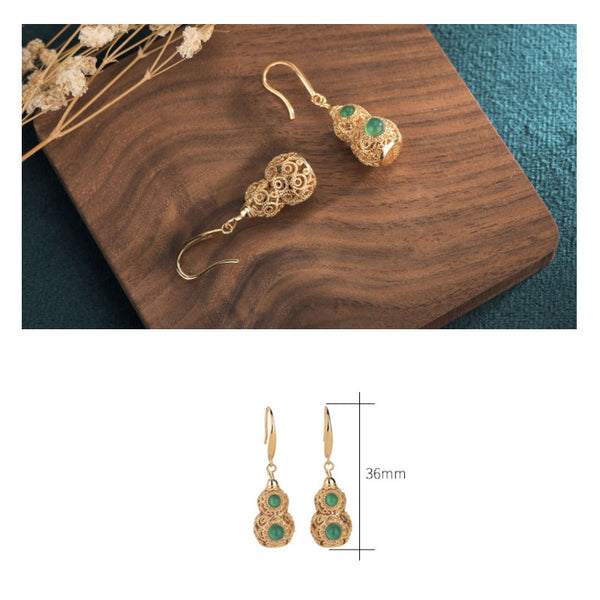 Feng Shui Calabash Green Jade Gold Wealth Earrings