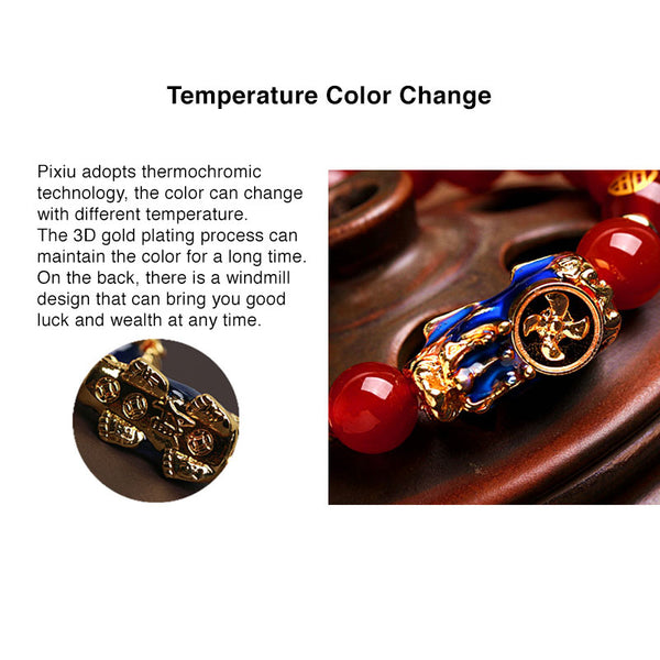 Feng Shui Wealth Natural Red Agate Thermochromic Pixiu Gold Plated Bracelet