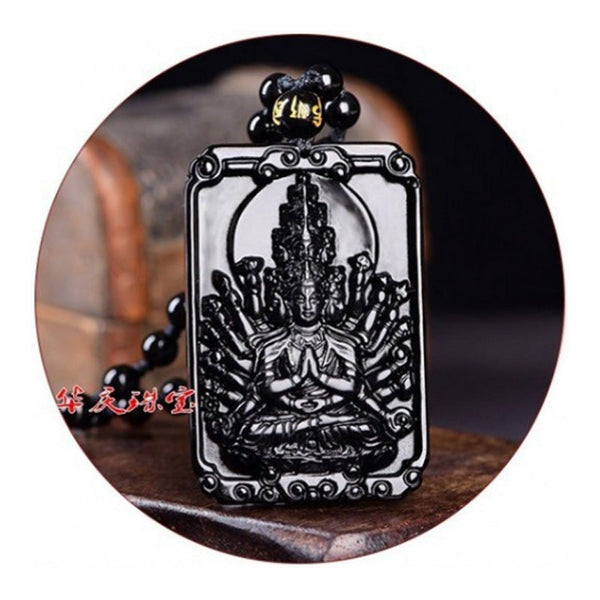Obsidian Thousand Hands Buddha and Zodiac Pendant