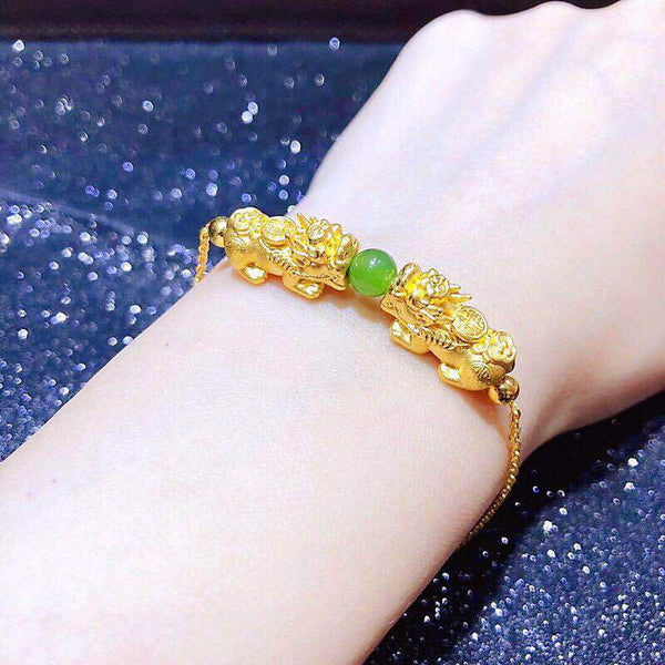 Feng Shui 999 Real Gold Pixiu Inlaid With Hetian Jade Bracelet, Money Magnet, About 4.2g