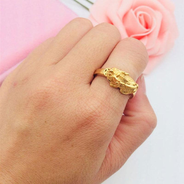 Feng Shui 24K Gold Placed Sand Gold Pixiu Ring,  Super Energy Money Magnet