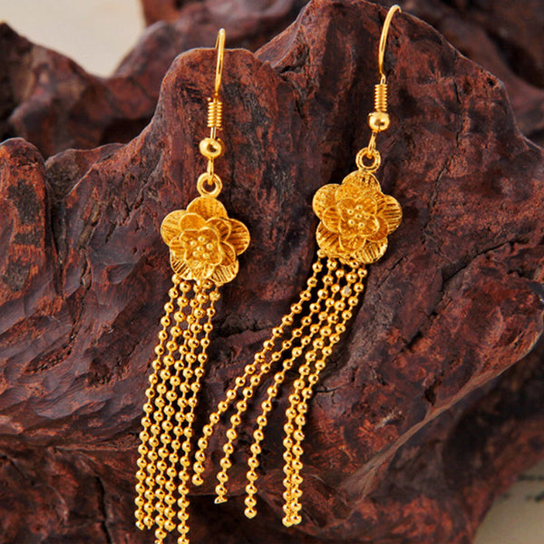 24K Gold Plated Peony Flower Long Fringe Earrings For Enchane Love and Relationship, Love Protection