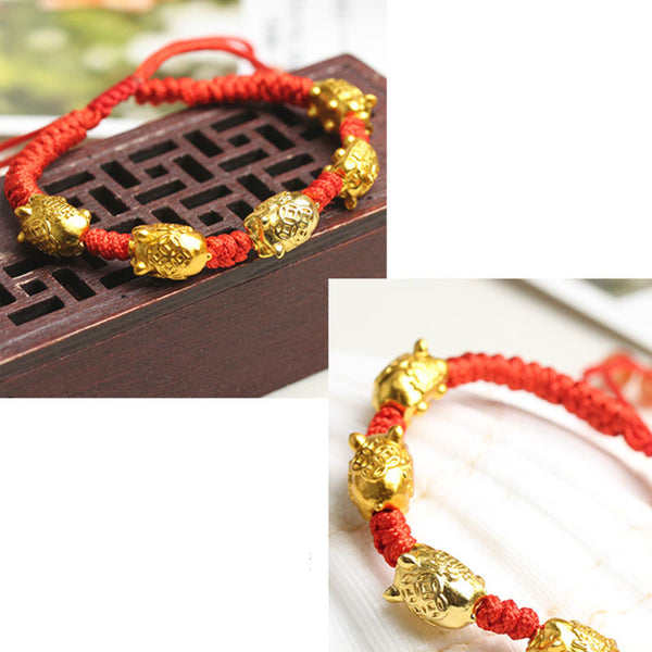 24K Gold Plated Zodiac Year Little Golden Pig Red Couple Bracelet with Red Hand-Woven String