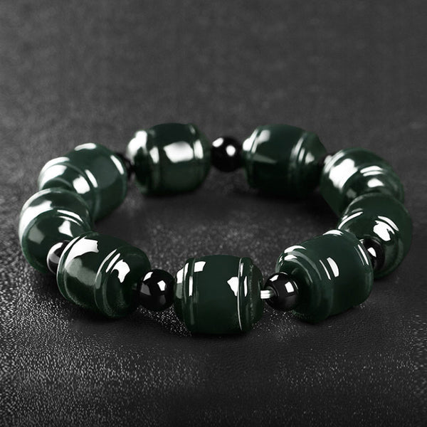 Natural Xinjiang Hetian Green Jade Barrel Beads (Bamboo Style) Bracelet For Men and Women