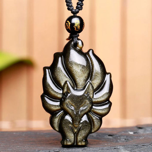 Feng Shui Auspicious Gold Obsidian Nine Tailed Fox Pendant
