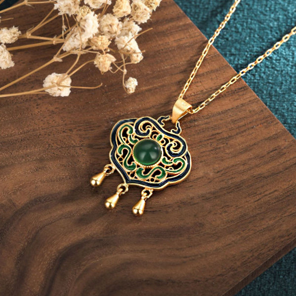 Longevity Lock Necklace inlaid with Chrysoprase Enamel and Gold Filigree