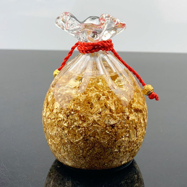 Handicraft Crystal Wealth Money Bag with Floating 24K Gold Leaf Inside for Home Decor