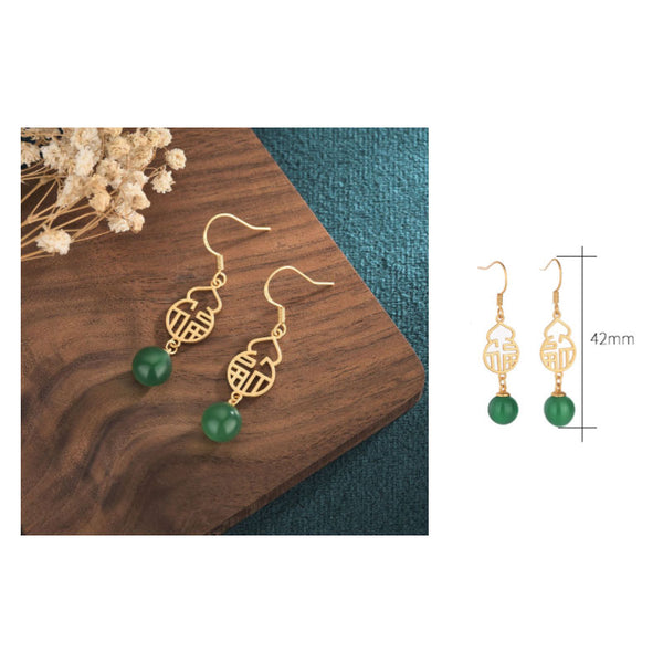 Feng Shui Aupicious Gold Natural Chalcedony Green Calabash Earrings