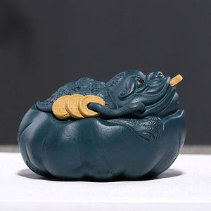 Purple Clay Golden Money Frog and Lotus Leaf Decoration
